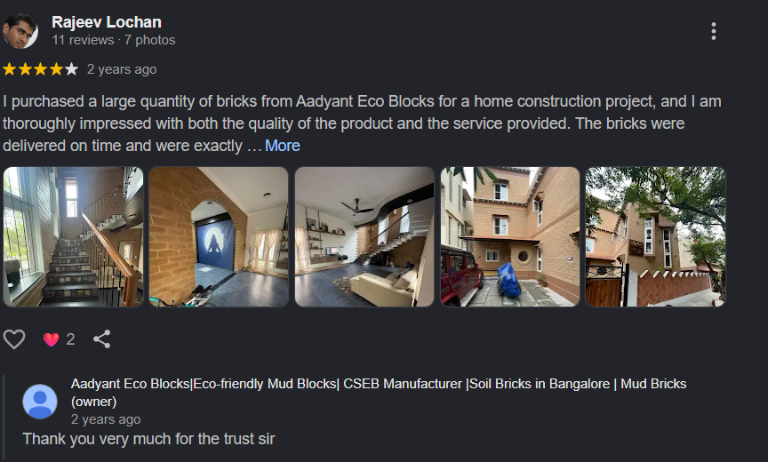 Google review from Rajeev Lochan about ISTIKA eco blocks and brick quality