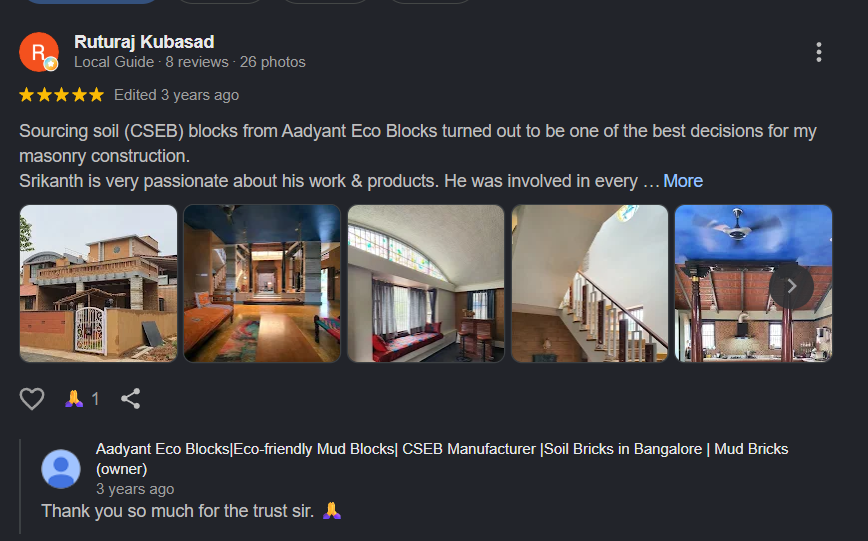 Google review from Ruturaj Kubasad about ISTIKA CSEB and mud blocks